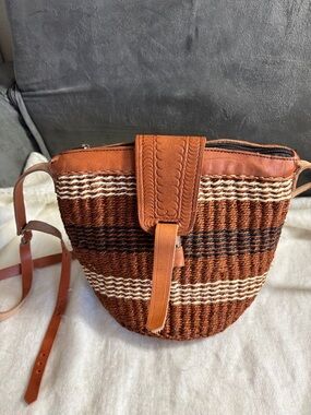 Straw/Leather Zip Crossbody Bag Lined Purse Brown New